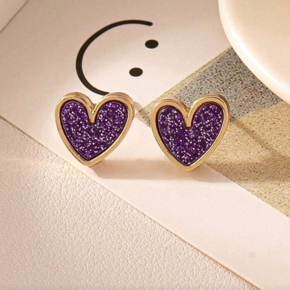 New Purple Golden Heart Stud Earrings